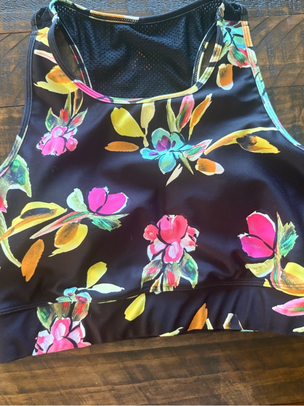 Floral High Neck Sports Bra - Black with Neon Floral Print